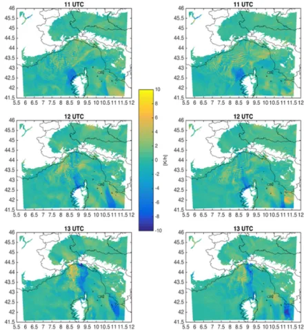 Figure 8. The 950 hPa temperature tendency for the previous 1 h at 11, 12, and 13 UTC (WSM6-MYJ,  left column; Thompson-YSU, right column)