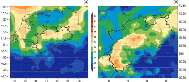 Fig. 3. Maximum wind gusts (in m s −1 ) during the episode of storm Anatol (2–4 December 1999) based on (a) the 20 km × 20 km and (b) the 5 km × 5 km FOOT3DK simulations.