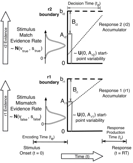 Figure 2 . Graphical representation of the Linear Ballistic Accumulator for two possible responses (r1 and r2) corresponding to two stimuli (s1 and s2)