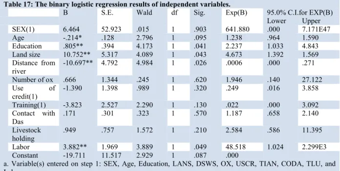 Table 17: The binary logistic regression results of independent variables. 