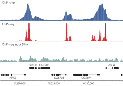 Figure 2.5: Example proﬁles produced by chromatin immunoprecipitation fol- fol-lowed by sequencing (ChIP–seq tag density; red) or microarray analysis  (un-logged ChIP–chip intensity ratio; blue)