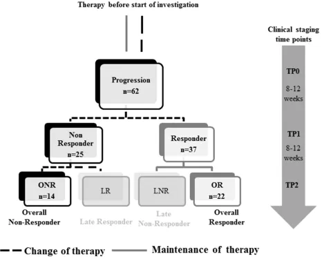 Figure 1: Study design. Blood was collected at the time of disease progression (TP0) and at two consecutive clinical staging time points (TP1 and TP2)