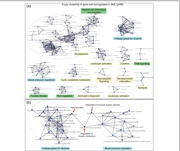 Fig. 6 Gene-set network analysis of acute myeloid leukemia. a Gene-set networks/clusters obtained using pMM (GOseq FDR < 0.01)