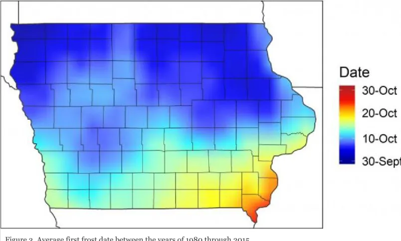 Figure 3. Average first frost date between the years of 1980 through 2015.