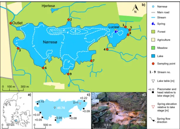 Figure 1. (a) Location of the Lake Nørresø in the southern part of Fyn, Denmark. (b) Overview of the  numbering of streams, and the locations of stream sampling points and the outlet