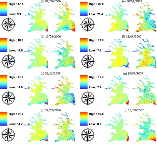 Figure 3.8. ELCOM surface water temperature simulation (column 1 and 3), Landsat-derived  water surface temperature (columns 2 and 4) with standard deviation stretched colour ramp  (ºC)