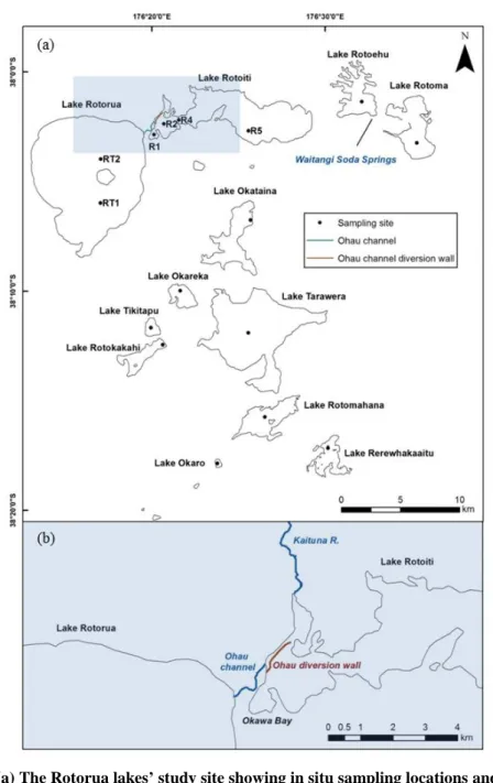Figure 2.1. (a) The Rotorua lakes’ study site showing in situ sampling locations and (b) the  extent of expanded area represented with shading from (a), showing the location of the Ohau  diversion wall, Lake Rotoiti