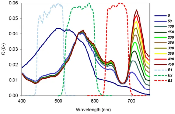 Figure 2.2. Modelled subsurface reflectance (R(0-)) for varying chlorophyll a concentrations  ranging from 0 to 450 µg L -1  with fixed CDOM absorption of 0.16 m -1  and tripton concentration  of 0.5 mg L -1 