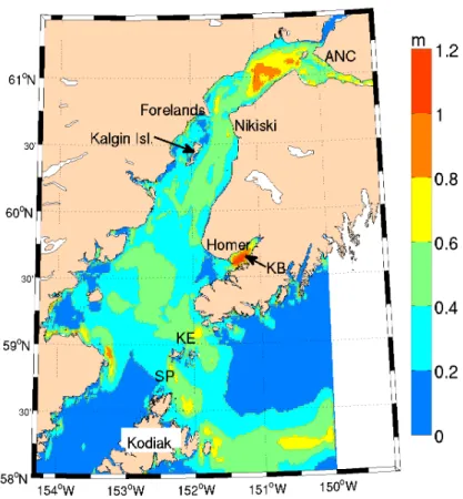 Fig. 33. Map of maximum increase in SWHs at each grid point in presence of currents for the two week period.