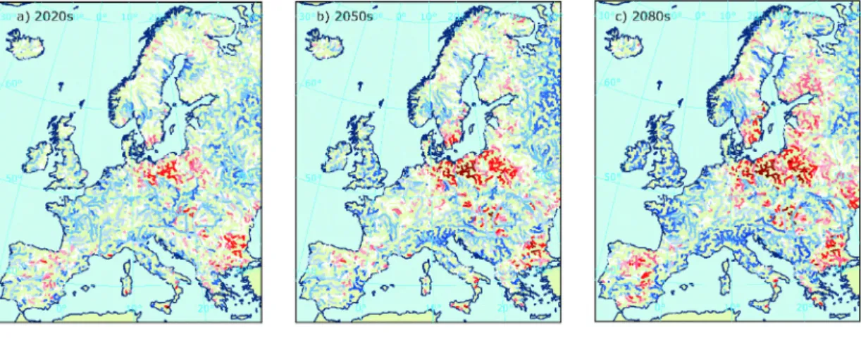 Fig. 3. Projected impacts of climate change and associated threats: above prediction for river ﬂood; below prediction for the increase in the number of combined tropical nights and hot days [9].