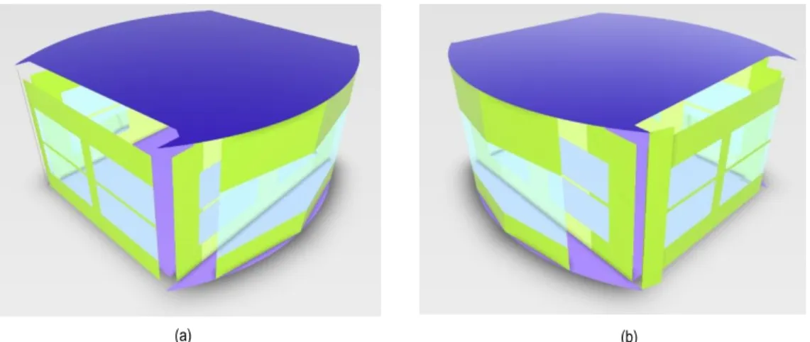 Fig. 13. the Insight generated EAM of the prototype (Use Building Elements, and Use Conceptual Masses and Building Elements modes) (a) view  from the South-East; (b) view from the South-West