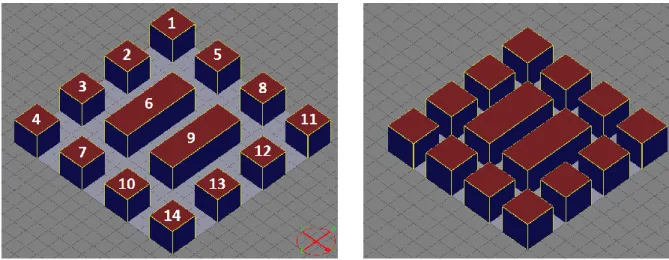 Figure 1: Arrangement of the 14 studied buildings (left: aspect ratio 1; right: aspect ratio 2)
