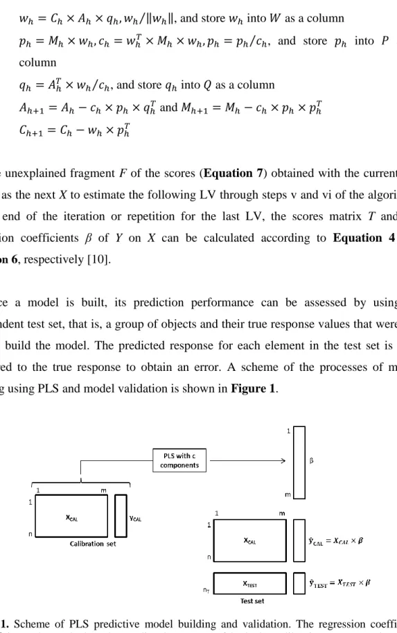 Figure  1.  Scheme  of  PLS  predictive  model  building  and  validation.  The  regression  coefficient  vector  β  is  used  to  calculate  the  predicted  response  of  both  the  calibration  set,  to  evaluate  the  fitness  of  the  model,  and  an  