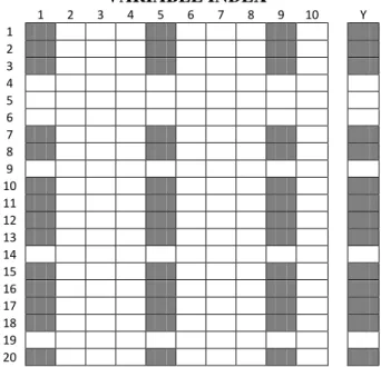 Figure 6. Representation of MCS in both object and variable space for a dataset of size 20 X 10, if  a ratio of 0.75 objects and a number of 3 variables are retained for each subwindow