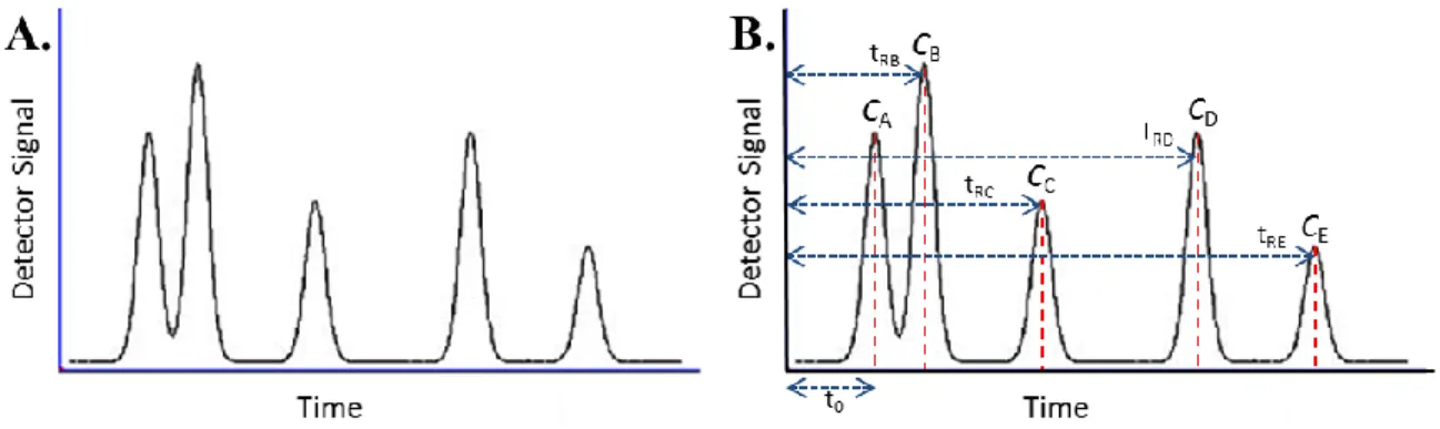 Figure 10. Example of a chromatogram (A) and its basic parameters (B). The retention time t R  of  each compound C is the time it takes to travel through the chromatographic column which contains  the stationary phase