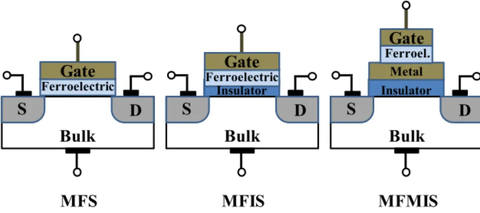 Figure 2.12 Three possible implementation designs of a FeFET-type memory cell.  