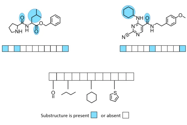 Figure 1.2: Substructure-based ngerprint. A substructural-type ngerprint represent- represent-ing 11 features is shown for two dierent compounds