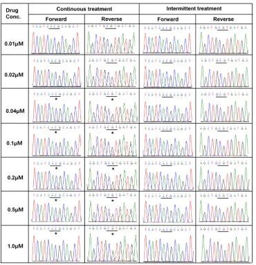Figure 3: differences in the frequency of the EGFR t790M mutation in the two cell lines established with continuous or intermittent exposure to gefitinib