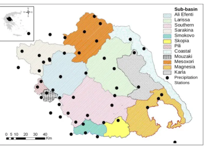 Figure 1. Sub-basins of Thessaly and location of precipitation stations. 