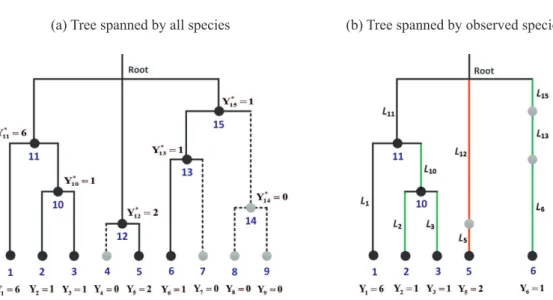 Figure 1: (a) A hypothetical tree spanned by 9 species (tip nodes) indexed by 1, 2, . 
