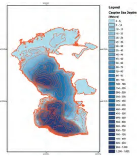 Figure 5. Color image of Caspian Sea depth contours and bathymetric grid. NGDC used the ArcGIS 