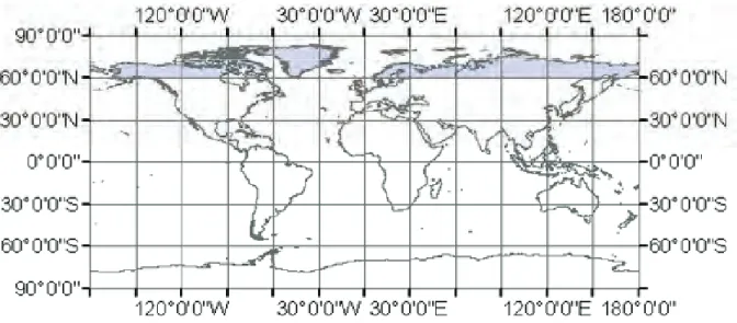 Figure 8. Coverage of GLOBE topography (blue) that was used in building ETOPO1. GSHHS coastline in gray.