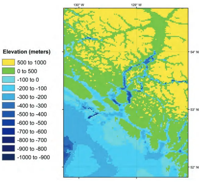 Figure 9. Anomalous depth values in the Measured and Estimated Seafloor Topography grid in  shallow coastal waters north of Vancouver Island