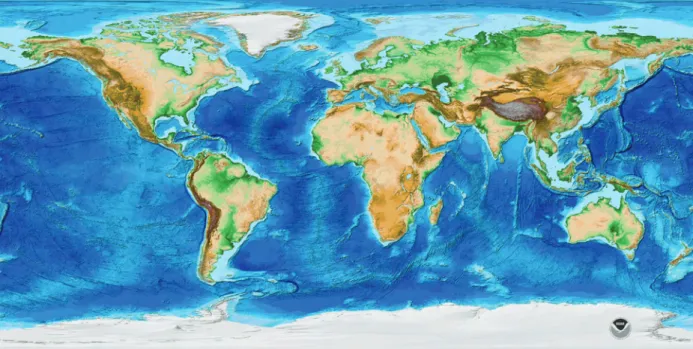 Figure 1. Color, shaded-relief image of the ETOPO1 Ice Surface Global Relief Model.