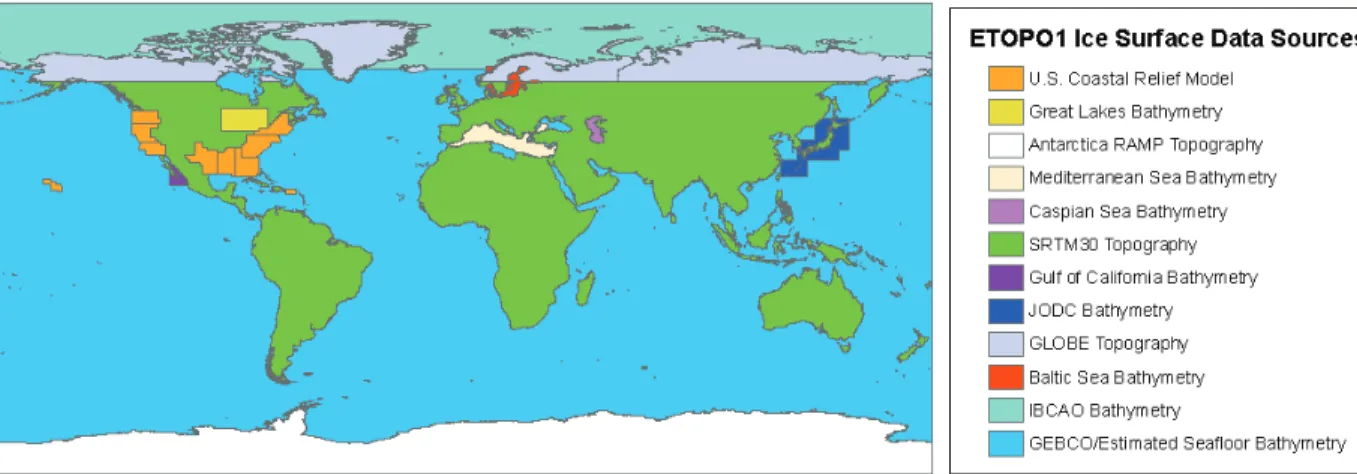 Figure 3. Source and coverage of data sets used to compile the ETOPO1 Ice Surface Global Relief Model.