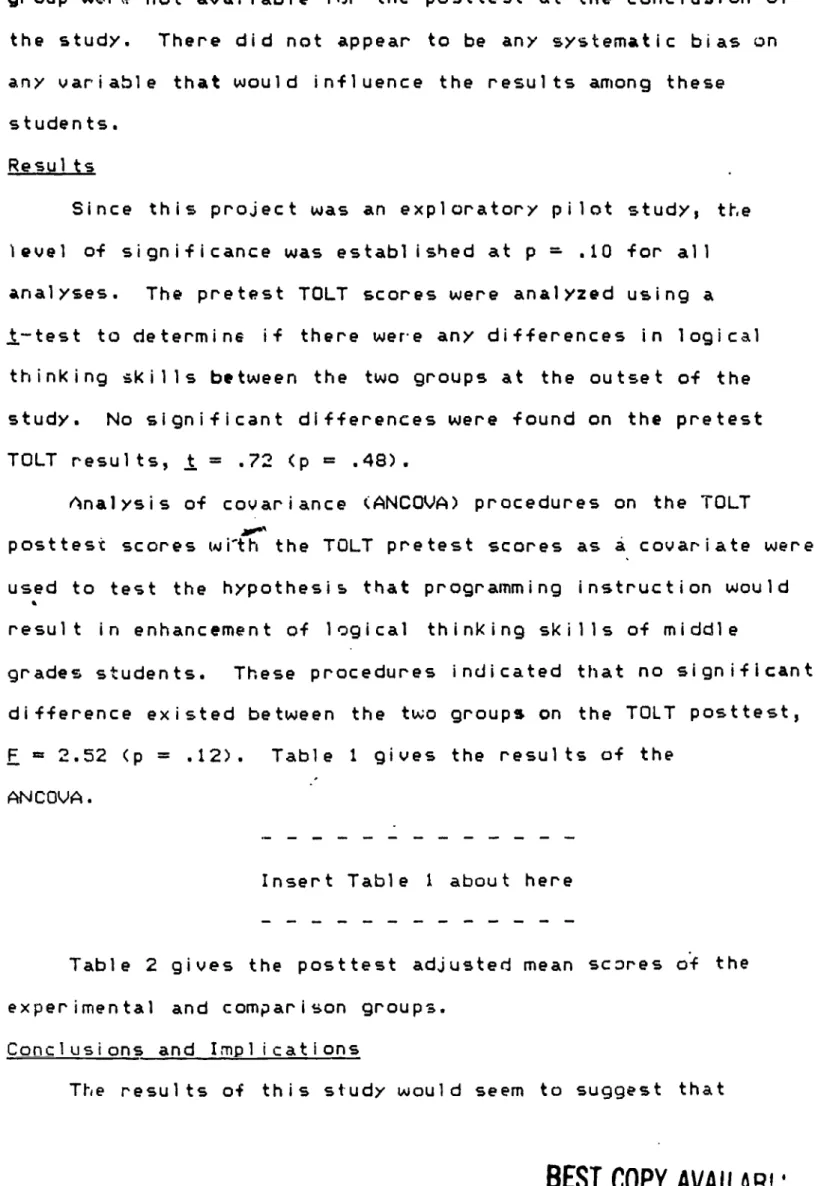 Table 2 gives the posttest adjusted mean scores of the experimental and comparison groups.