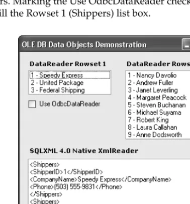 Figure 1-4 shows OleDbDataProject’s form with list boxes and a text box that display data generated by
