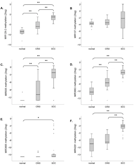 Figure 6: Methylation levels of selected miRNA genes relative to the reference gene (ACTB) in normal cervical tissue specimens (n=22), CIN3 lesions (n=23) and SCCs (n=28)