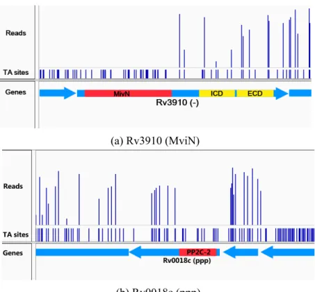 Figure 2.4: Example genes with essential domains. Essential domains are indicated in red, and non-essential domains (as predicted by PFAM) are indicated in yellow.
