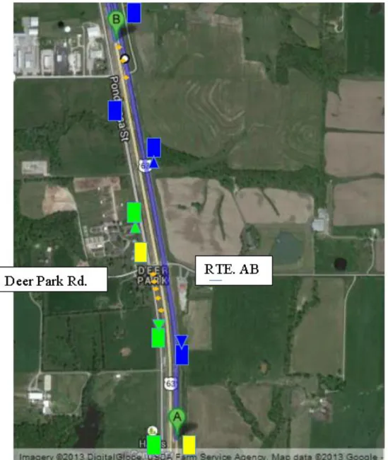 Figure 3.8 Location of cameras, radars, and delineators at the J-turn site 
