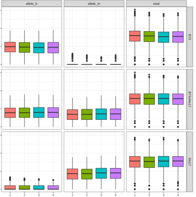 Figure 3.1 Boxplots of observed counts (in log2) in genes with ASE information available.
