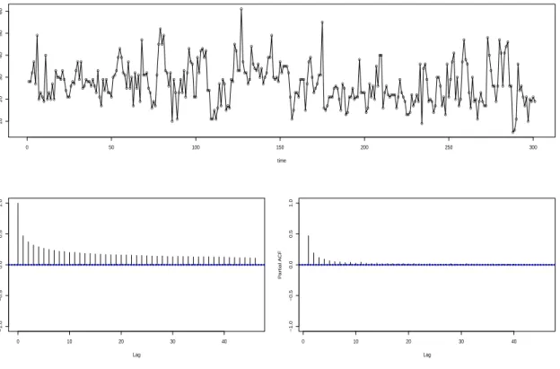 Figure 2.4: A realization of a stationary count time series with N B(10, 0.5) marginal distributions.