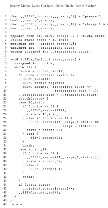 Fig. 2. C implemention of the B¨ uchi automaton for the formula !G({pressed} -> F {charge > min}).