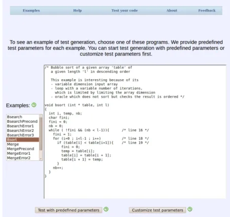 Figure 5 shows the initial page of the service where the user can select one of the available examples and start test generation