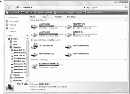 Figure 2-1 shows the Computer window for my laptop computer running Windows Vista. As you can see, Vista automatically separates the various drive icons into the following three categories: