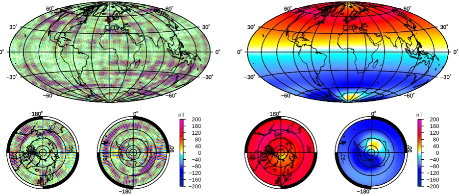 Fig. 6. Left: Residuals map to the ﬁnal model ﬁt to (noisy) lithospheric ﬁeld Bˆi at r = 6671.2 km