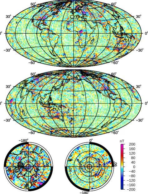 Fig. 8. Map of the vertical down components of the ﬁnal litho-spheric ﬁeld model Bi. The map has been calculated at the Earth’ssurface (6371.2 km)