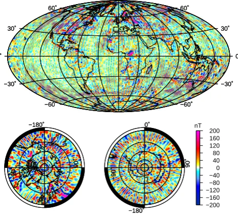 Fig. 5. Map of the vertical down component of the lithosphere mag-around Antarctica, and in the Indian, Atlantic and eastern Paciﬁcnetic ﬁeld model at r = 6371.2 km radius derived after the step 1 ofthe processing chain