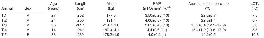 Table 1. Animal sex, age, mass, mean resting metabolic rate (RMR) and lower critical water temperature (LCTw)