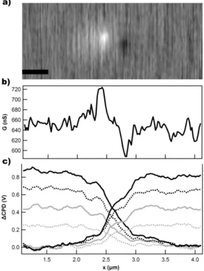 Fig. 4b shows a line cut through the SGM data along the SWNT about the defect site.  The KPFM potential profiles from  Fig