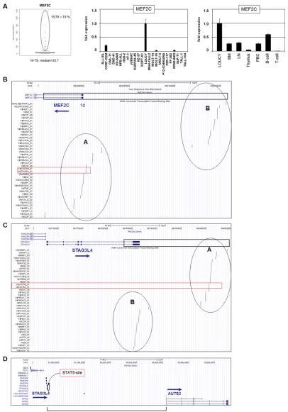 Figure 1: MEF2C expression and genomic regions at 5q14 and 7q11. ((public dataset GSE42038) indicated aberrant overexpression in 19% samples (left)