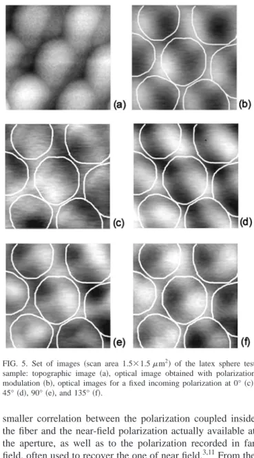 FIG. 5. Set of images 共scan area 1.5⫻1.5 ␮ m 2 兲 of the latex sphere test sample: topographic image 共a兲, optical image obtained with polarization modulation 共b兲, optical images for a fixed incoming polarization at 0° 共c兲, 45° 共d兲, 90° 共e兲, and 135° 共f兲.