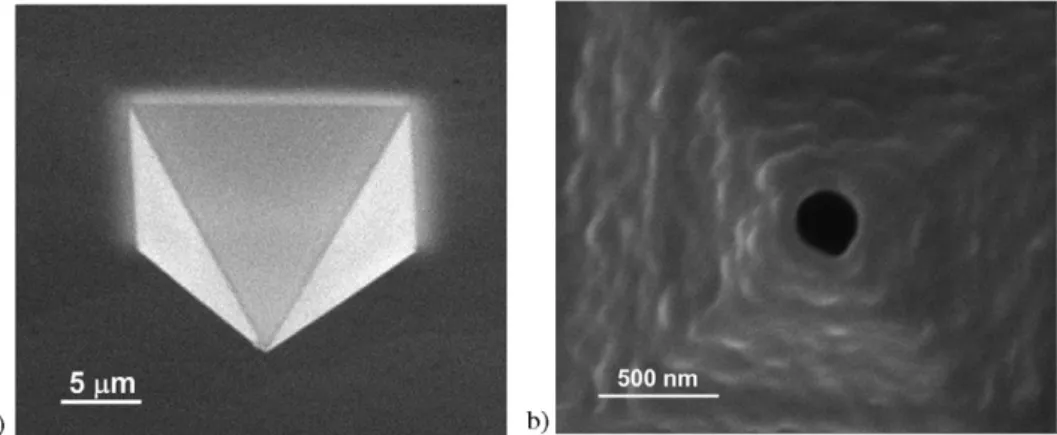 Figure 2. SNOM tip: (a) pyramid tip and (b) nanoscopic tip opening for light transmission; typical approx