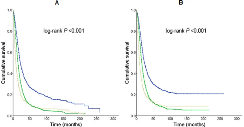 Figure 1: Kaplan-Meier survival curves for patients who had undergone primary tumor resection stratified by total and positive lymph node numbers