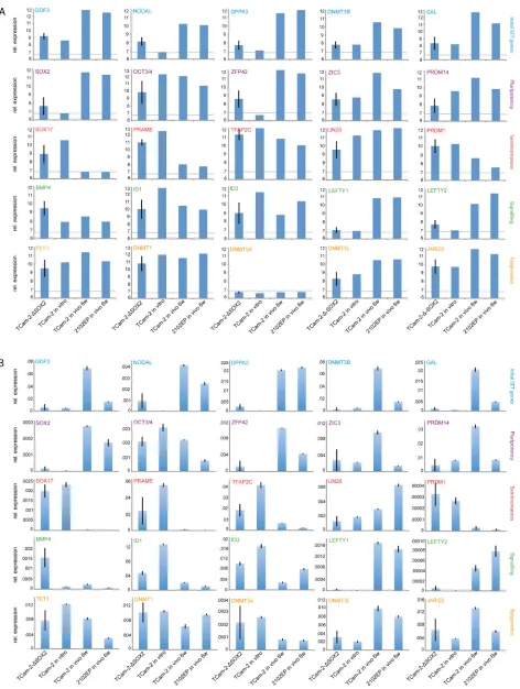 Figure 2: (A, B) Expression microarray (A) and qRT-PCR (B) data of indicated genes related to the in vivo reprogramming, pluripotency, seminoma-ness, signaling pathways and epigentics