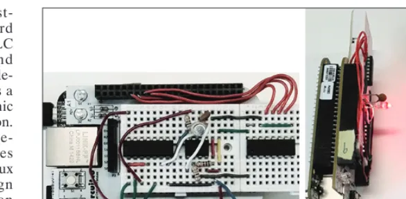 Figure 1. The current prototype of OpenVLC: the front-end transceiver ofan OpenVLC node is shown on the left, and an example of inter-nodecommunication is shown on the right.